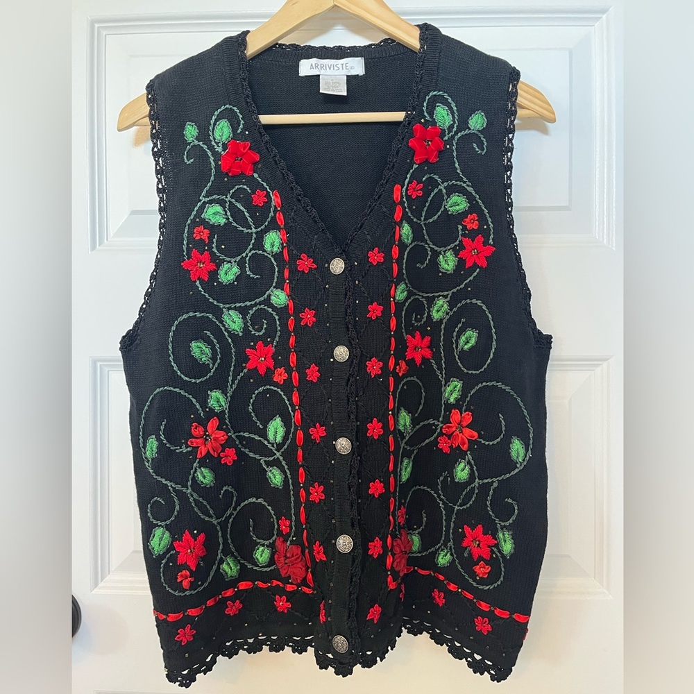 Black Floral Embroidered Women's Christmas Holiday Sweater Vest